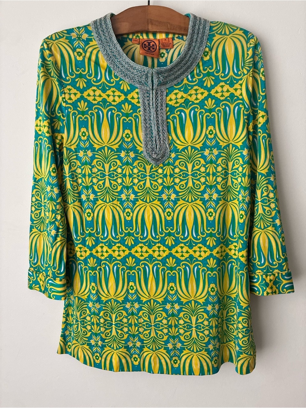 Tory Burch Top Women’s Medium 100% Silk Beaded Blouse Resort Wear Caftan Tunic